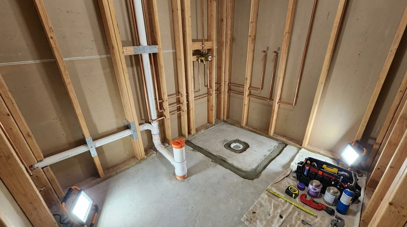 Bathroom rough-in plumbing during remodel by Johns Plumbing LLC in Tifton