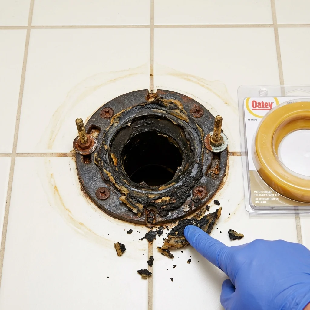 Failed wax ring showing water seepage at the base of a toilet in a Tifton, GA home
